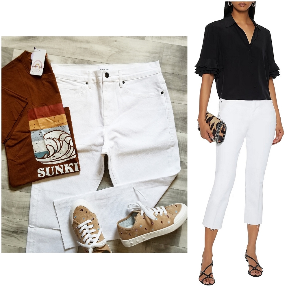 New (worn once) Frame Le Beau Crop Raw Edge Jean in Blanc White -